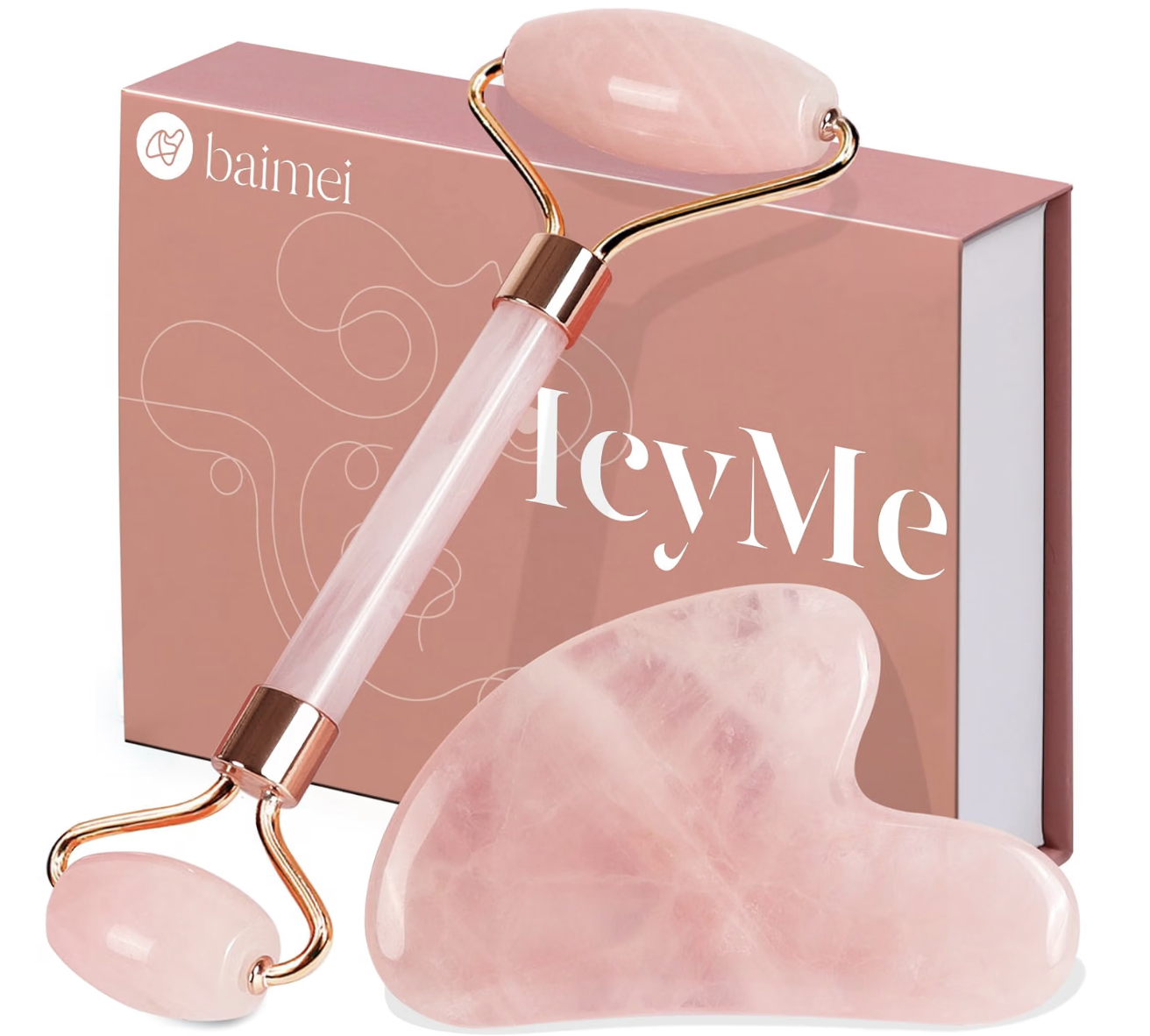 BAIMEI Rose Quartz Face Roller and Gua Sha Set