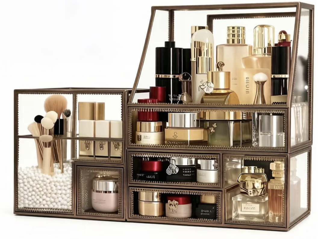 Hersoo Luxury Glass and Bronze Makeup Organizer