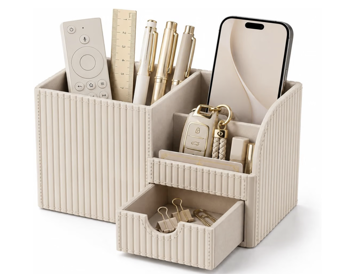 KINGFOM Luxury Beige Leather Desk Organizer