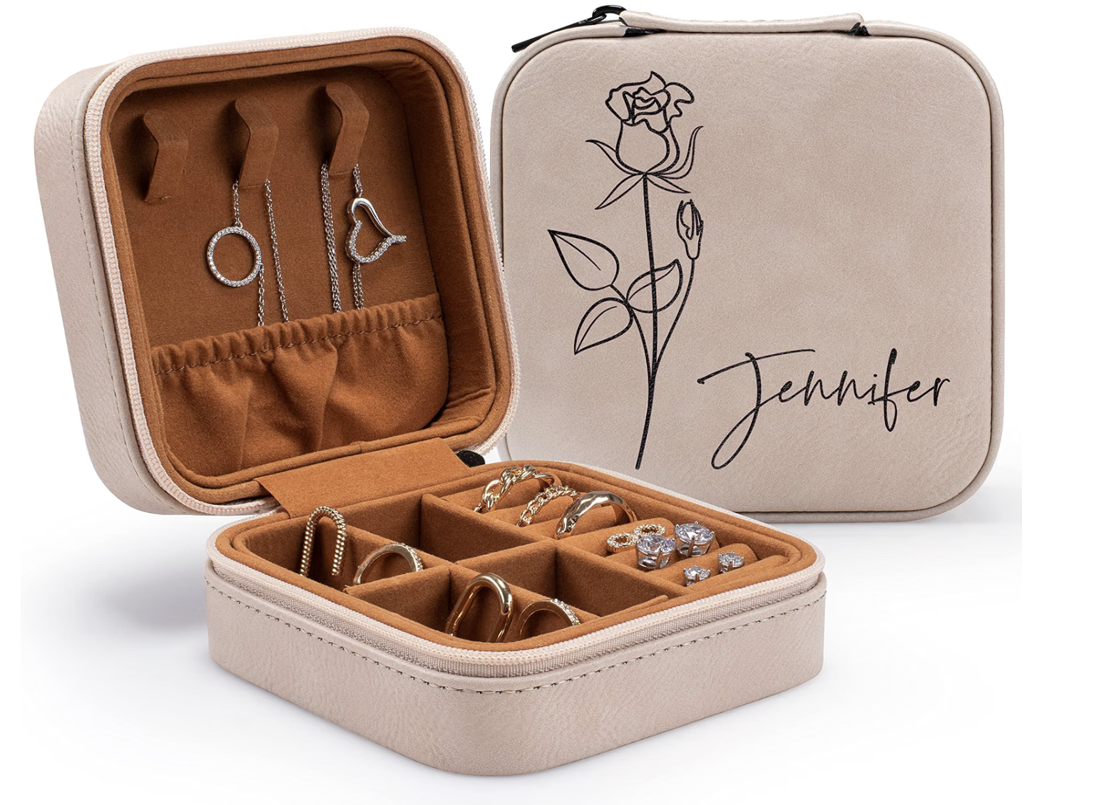 Custom Vegan Leather Birth Flower Travel Jewelry Case in Beige