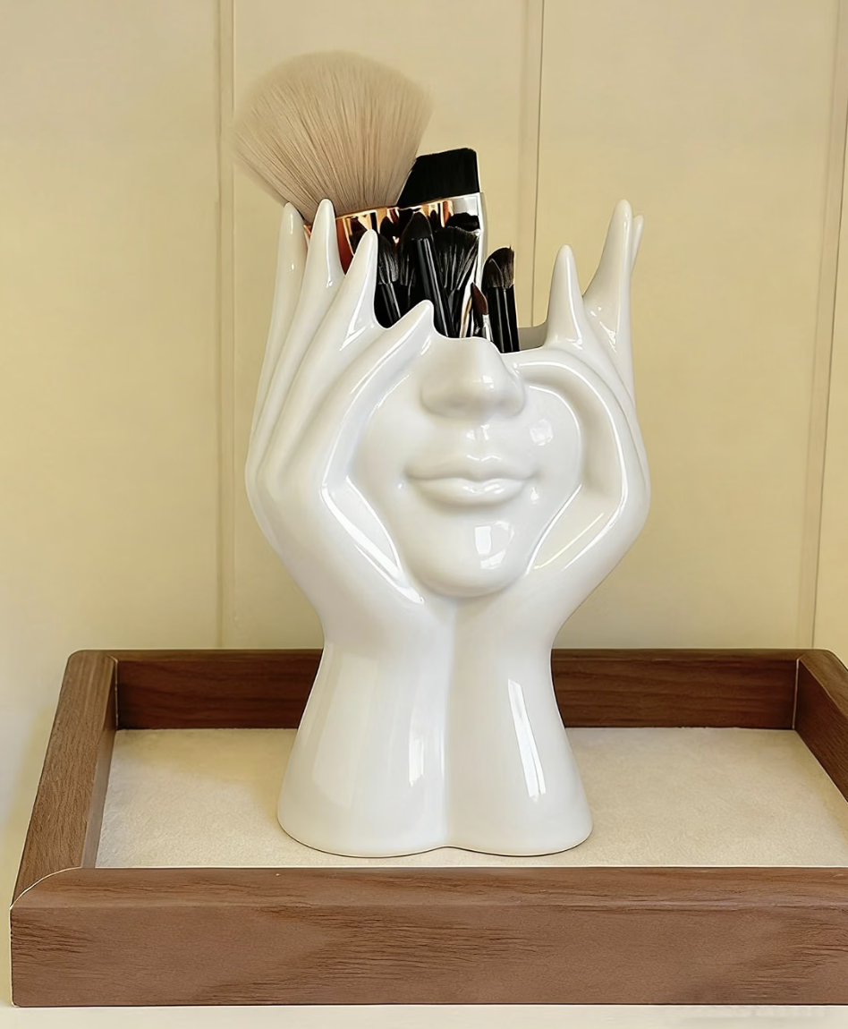 White Ceramic Sculpture Makeup Brush Holder