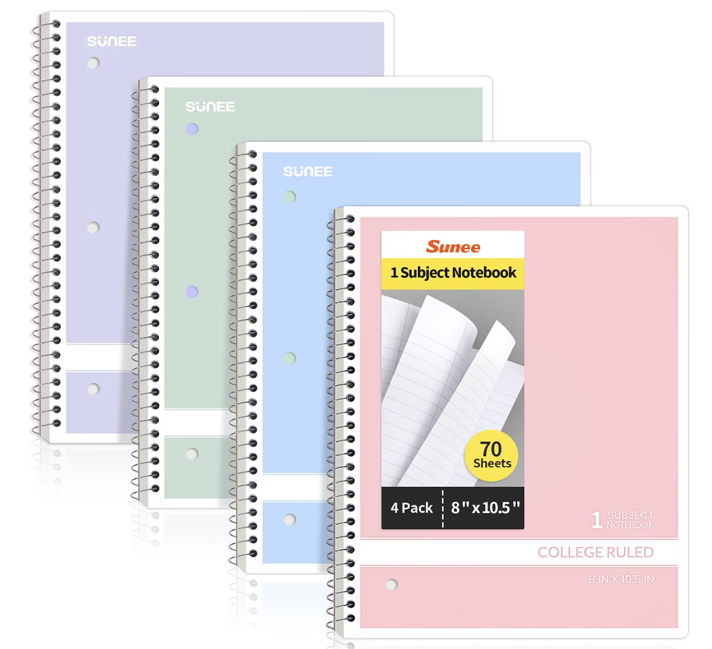 SUNEE Pastel College Ruled Spiral Notebooks 4-Pack