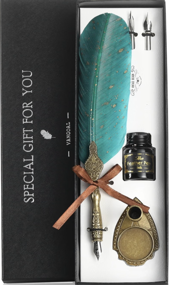 VANGOAL Vintage Green Feather Quill Pen Set