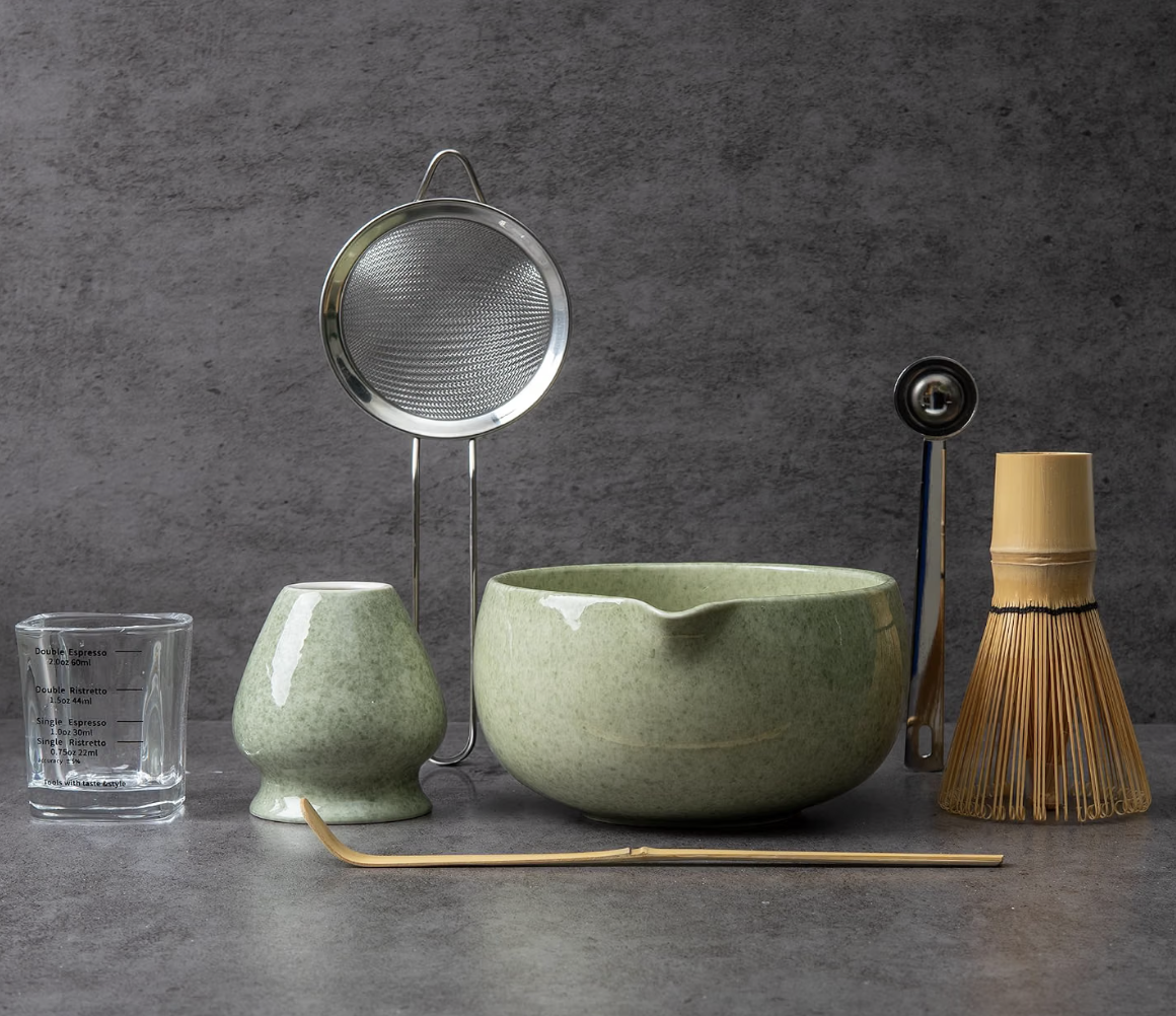 YIBO Mottled Green Ceramic Matcha Whisk and Bowl Set